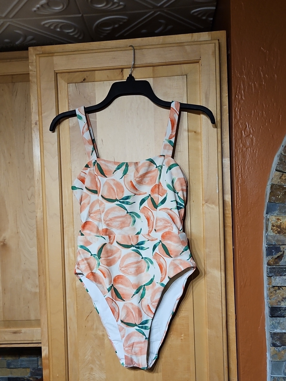 By Anthropologie Cream Green Orange Peach Fruit Twist Back One Piece Swimsuit